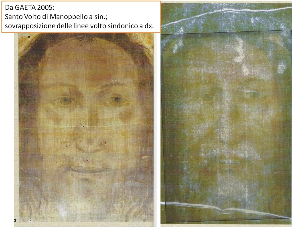 Fig. 10: Santo Volto di Manoppello a sin.; sovrapposizione delle linee volto sindonico a dx. (GAETA 2005)